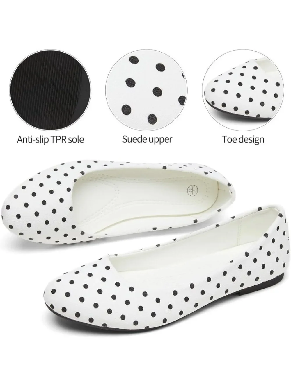 Women's White Dot PU Leather Closed Toe Comfortable Flexible Slip On Ballet Flat